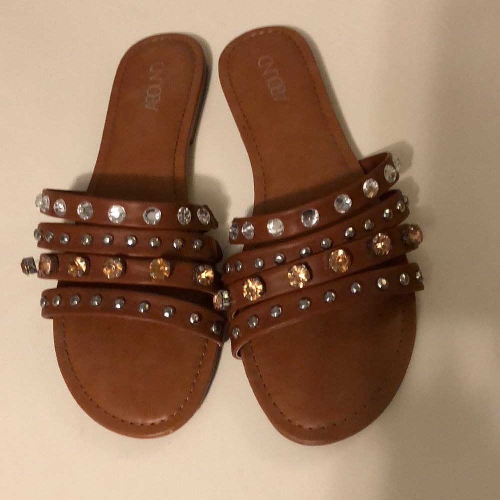 Brown Faux Leather Jeweled Sandal Slides